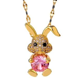 Gold Pink Zircon Rabbit Charm Pendant Necklace